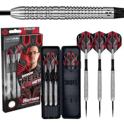 Image of Harrows Damon Heta Natural 90% Tungsten Steel Tip Darts Set 21g, 23g &amp; 25g Includes Black Alamo Shafts, Damon’s Signature Flights Travel Case
