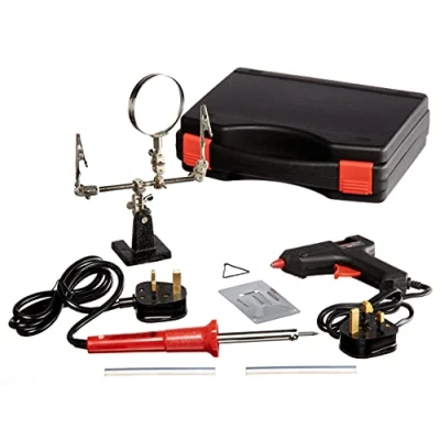 Image of Amtech S1740 Soldering Kit with 30W Iron, 10W Glue Gun, 2 Sticks, 1 Magnifier and a Storage Case