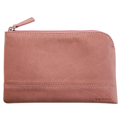 Image of RHODIA 116529C Faux Leather Zipped Pouch Rosewood Size S (11x17 cm) Real Stitching Orange Fabric Interior Storage for Documents, Small Supplies