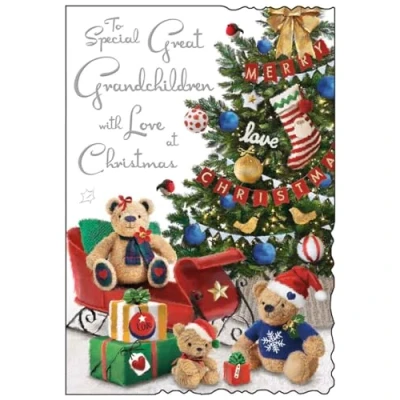 Image of Great Grandchildren Christmas Card Tree and Teddy Bear Artistic Festive Design Special Finishes Illustrated Insert Leaf Made in the UK