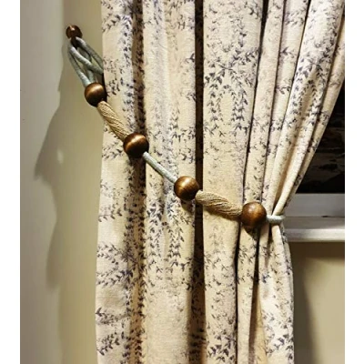 Image of Kestral 2 x Tie Backs Woven Rope Curtain Tieback Hold With Saffron Wooden Ball Design Beautiful Elegant Finish, Silver
