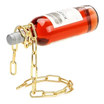 Image of TBWHL Novelty Magic Wine Bottle Holder Floating Steel Link Chain Rack/Holder Holds Bottles in The Air（Gold）