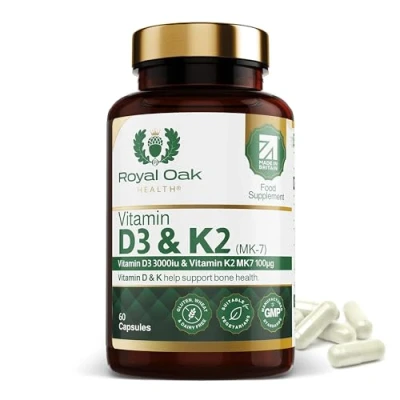 Image of Royal Oak Health Vitamin D3 K2 High Strength MK7 Supplement (Vitamin D 3000 IU + 100mcg (MK7), Easy to Swallow and Capsules… (60 Capsules)