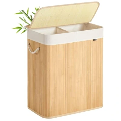 Image of SONGMICS Laundry Basket, 100 L, Hamper with 2 Compartments, Bin Lid, Bamboo, Foldable, Removable and Machine Washable Liner Bag, for Room, Bedroom, Natural LCB074Y01