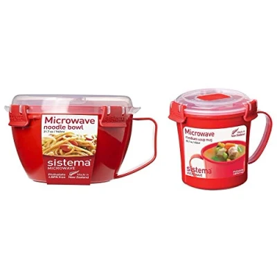 Image of Sistema to Go Microwave Healthy Noodle Bowl 940ml and Soup Mug, 656 ml Bundle Red/Clear