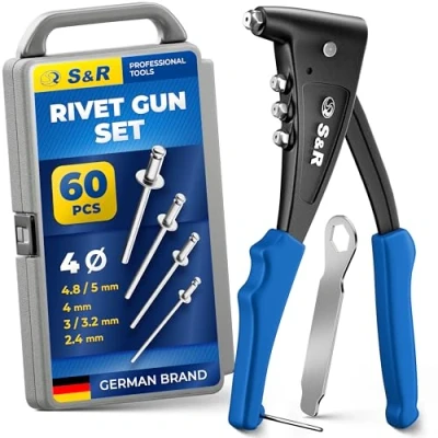 Image of S&amp;R Professional Rivet Gun Kit with 60 Rivets Aluminum, Steel, Stainless Steel 4 Nozzles, Wrench, Storage Box