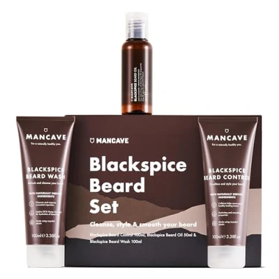 Image of ManCave Blackspice Beard Gift Set with 3 Grooming Essentials, For a thicker, more healthier beard, Vegan Friendly, Tubes Made using Recycled Plastics, in England