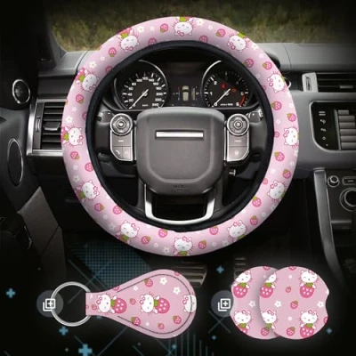 Image of Pink Kitty Steering Wheel Cover, Cat Car Accessories,