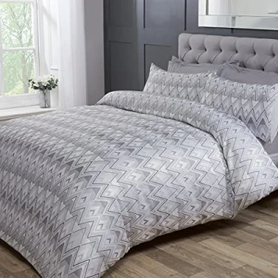Image of Sleepdown Chevron Jacquard Zig Zag Geometric Stripe Light Grey White Luxury Duvet Cover Quilt Bedding Set with Pillowcases King (220cm x 230cm)