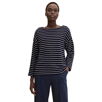 Image of TOM TAILOR Women&#039;s 1032595 Sweatshirt, 30468 Navy Off White Stripe, M
