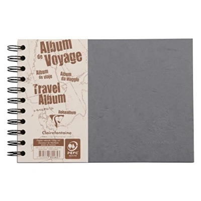 Image of Clairefontaine Ref 781165C Age Bag Wirebound Travel Album (80 Pages) A5 Size, Lined Rullings, 120gsm White Pages &amp; 160gsm Black Grained Grey