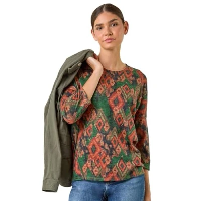 Image of Roman Originals Abstract Aztec Print Top for Women UK Ladies Everyday Autumn Winter Round Neckline Comfy Soft Evening Vacation Work Party Night Out Green Size 18