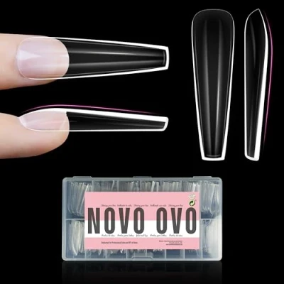 Image of NOVO OVO Sculpted XXL Coffin Nail Tip for Curved Nails, Extra Thick Long False Nails Press on, Full Cover Soft Gel Extension Fake Acrylic kit, Clear X 15 Sizes 300pcs