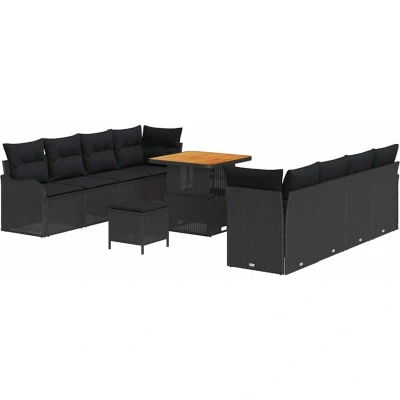 Image of vidaXL 11 Piece Garden Sofa Set with Cushions Black Poly Rattan Acacia
