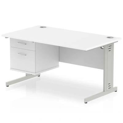 Image of Impulse 1400x800 Desk White Silver Cable Managed Leg + Fixed Pedestal