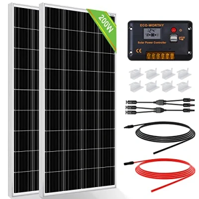 Image of ECO WORTHY 200 Watt (2pcs 100 Watt) Monocrystalline Solar Panel Complete Off Grid RV Boat Kit with LCD Charge Controller + Cable Mounting Brackets