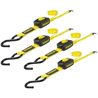 Image of STANLEY S2002 Black/Yellow 1&quot; x 10&#039; Enclosed Cam buckle Tie Down Straps 400 lb Safe Working Load / 1,200 Break Strength, 4 Pack