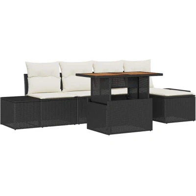 Image of vidaXL 6 Piece Garden Dining Set with Cushions Black Poly Rattan Acacia