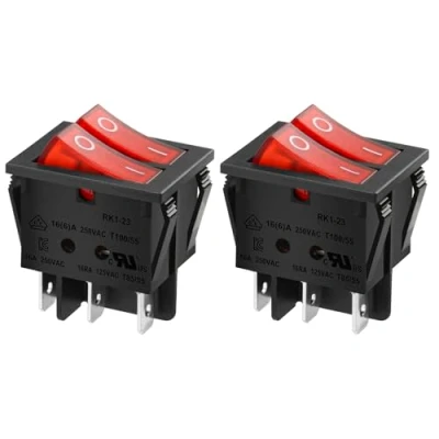 Image of Heschen Double Rocker Switch SPST ON OFF 6 Terminals Red light 16A 250VAC 2Pack