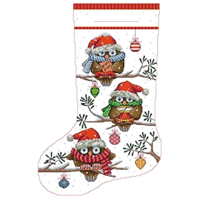 Image of Awesocrafts Cross Stitch Stamped Kits Christmas Stocking Owl Easy Patterns Stitching Embroidery Needlework Kit Supplies (Owl)