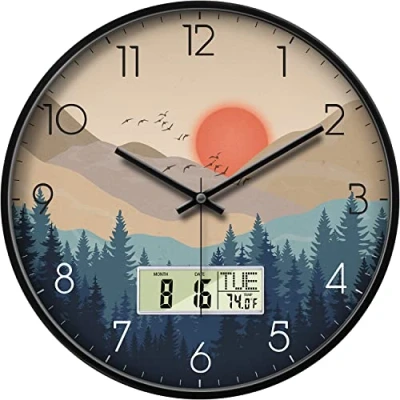 Image of Silent Digital Clock Wall Analogue with Date and Week Temperature Wilderness Sunset Simple Quartz Non ticking Battery Operated LCD Display for Kitchen Farmhouse Bathroom Office Shower 35cm