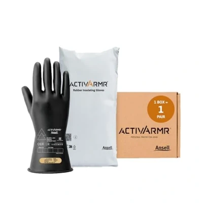Image of Ansell ActivArmr Electrician Work Gloves, Electrical Protection Class 00 (500V), Insulating Natural Rubber Latex Industrial Safety PPE, 11 Inches, Black, Size XL (1 Pair)