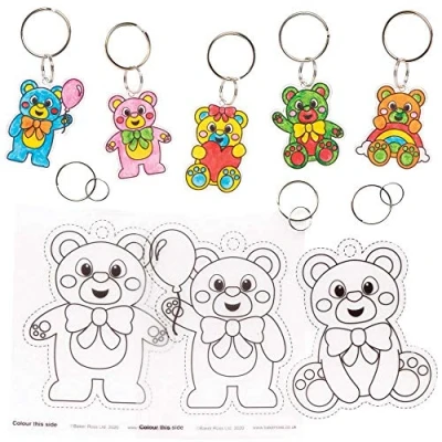 Image of Baker Ross FE358 Teddy Bear Super Shrink Keyrings Pack of 8, for Crafts to Colour in, Make and Display, Your Own Kids
