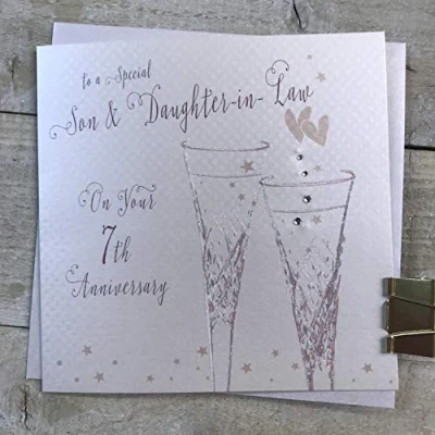 Image of WHITE COTTON CARDS Son &amp; Daughter in Law 7th Copper Wedding Anniversary Flutes B108 7 SD,16cm x 16cm