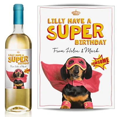 Image of Personalised &#039;Have a Super Birthday&#039; Superhero Sausage Dog Dachshund Wine, Vodka, Gin, Rum, Whisky Bottle Label Birthday or Any Occasion Gift