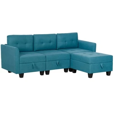 Image of HOMCOM Convertible Modular Sectional Sofa with Storage, 3 Seater Set, L Shaped Couch Ottoman, Wood Frame for Living Room, Light Blue