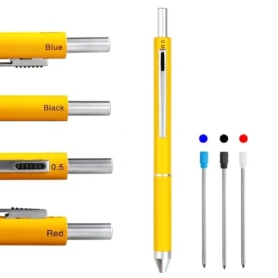 Image of HeTaoCat 4 in 1 Multicolor Pen, Metal Cased Multifunction 0.5mm Mechanical Pencil, Red Ball Blue Pen and Black (Yellow)