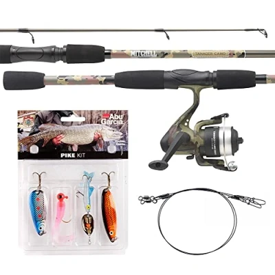 Image of Mitchell Tanager Camo, fishing Rod and Reel Combo, Spinning Combos, Allround Fishing, with line lures for trout perch, Unisex, Green camouflage, 2.42m