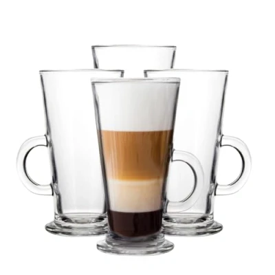 Image of Premier Housewares Tapered Latte Glasses Set of 4 Round Handles Glass Mugs for Hot Drinks Effortlessly Maintained Double Walled Versatile Coffee Mug