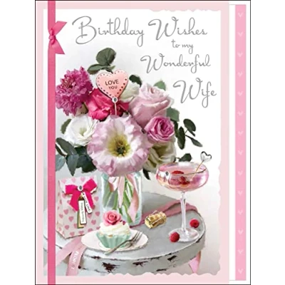 Image of Jonny Javelin Artistic Birthday Greeting Card &#039;Wonderful Wife&#039; Flowers, Cupcake and a Cocktail Ribbon Embellishment Leaf Insert