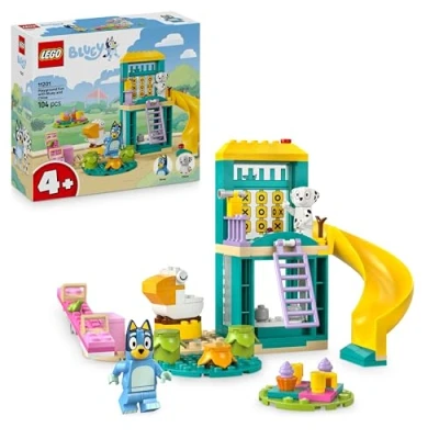 Image of LEGO Bluey Playground Fun with and Chloe Toy for 4+ Year Old Girls &amp; Boys incl. 2 Minifigures, a Functional Pink See Saw, Slide, Climbing Frame 3 Plants Gift TV Show Fans 11201