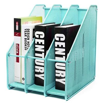 Image of EXERZ Magazine Holder Triple Rack, Mesh Metal 3 Compartments Vertical Documents/Notebooks/Folder/Organiser(Turquoise)