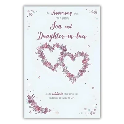 Image of ICG Special Son and Daughter in Law Anniversary Card Floral Love Hearts Embossed with Foil Details
