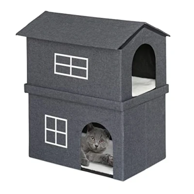 Image of Relaxdays Two Storey Cat House, Pett Den with 2 Entrances, H x W D: 71.5 62.5 44 cm, Foldable, Dark Grey