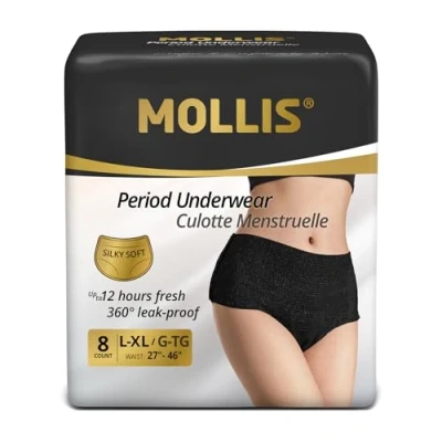 Image of MOLLIS Disposable Period Pants for Women, Postpartum Underwear, Maternity Knickers Heavy Flow Leak Proof, Black, Large/X Large, 8 Count