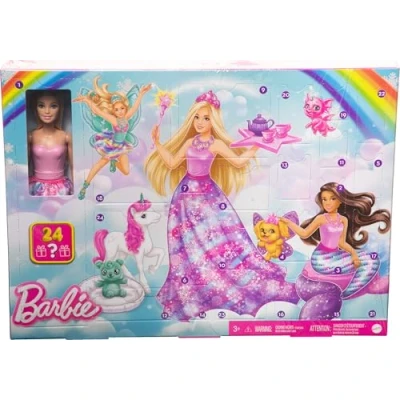 Image of Barbie Dreamtopia Doll and Advent Calendar with 24 Surprises like Fairytale Accessories, Mermaid Fairy Clothes, Unicorn Dragon Pets, HVK26