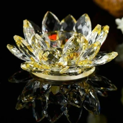 Image of Crystal Crown® Lotus Flower Tea Light Candle Holder Spin System Ornament Craft Decoration Home Decoration, 11 CM (Yellow)