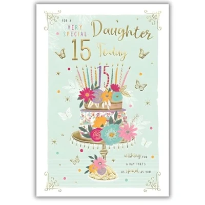 Image of Daughter 15th Birthday Card Age 15 Floral Cake and Butterflies Design Special Finishes Made in the UK
