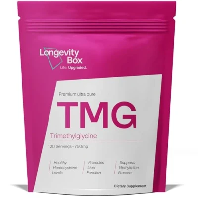 Image of Longevity Box TMG Supplement 750mg x 120 Capsules Over 99% Pure Trimethylglycine As Betaine, High Strength TMG, DNA Production, Enhance Liver &amp; Heart Function, 3rd Party Certified, Vegan Non GMO