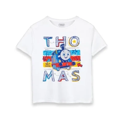 Image of Thomas &amp; FRIENDS Boys Logo T Shirt White Short Sleeve with &#039;Thomas No. 1 Engine&#039; Scribble Artwork Playful Design Tee for Apparel Merchandise Gift Children