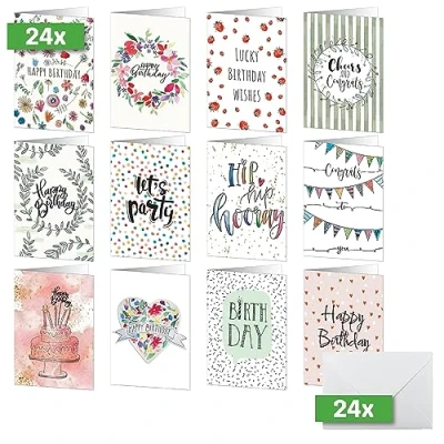 Image of SIGEL DS704 Set of 24 &quot;Happy Birthday&quot; Birthday Cards, 2 fold, A6, made White cardBoard, with inscription + envelopes