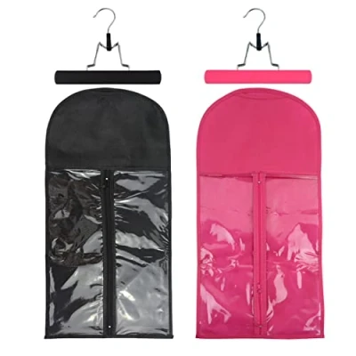 Image of 2 Pcs Wig Hair Extensions Storage Bag with Wooden Hanger Portable Bags Dust proof (Black + Pink ）