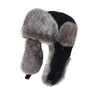 Image of Unisex Black Leather Style Ushanka, Trapper Hat with Faux Fur Trim (59cm)