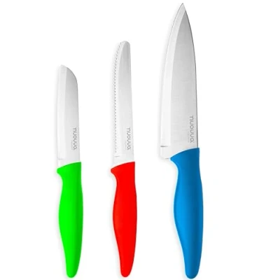 Image of nuovva Sharp Kitchen Knife Set 3pcs Bright Colour Knives Stainless Steel Non Stick Blades Includes Chefs Knife, Tomato and Paring