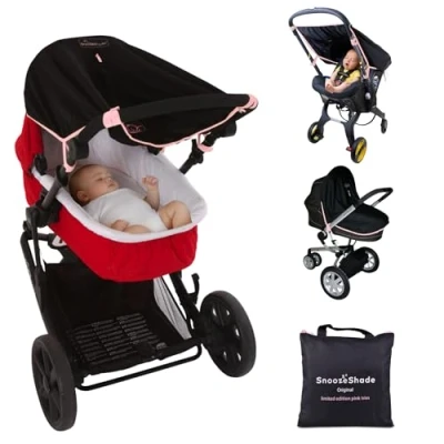 Image of Universal fit pram and Buggy Sun Shade (0 6m) Blocks 99% of UV Blackout carrycot to Help Baby Sleep SnoozeShade Original (Limited Edition Pink Trim)