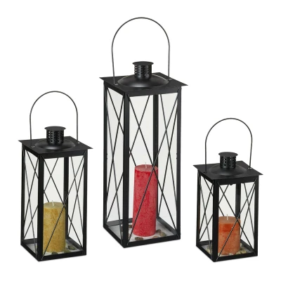 Image of Relaxdays Lanterns Set of 3, Decorative Candle Holders for Outdoors &amp; Indoors, 3 Sizes, Retro, Metal and Glass, Black